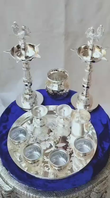 German silver pooja set with long peacock diya 12 pieces set for housewarming/ diwali